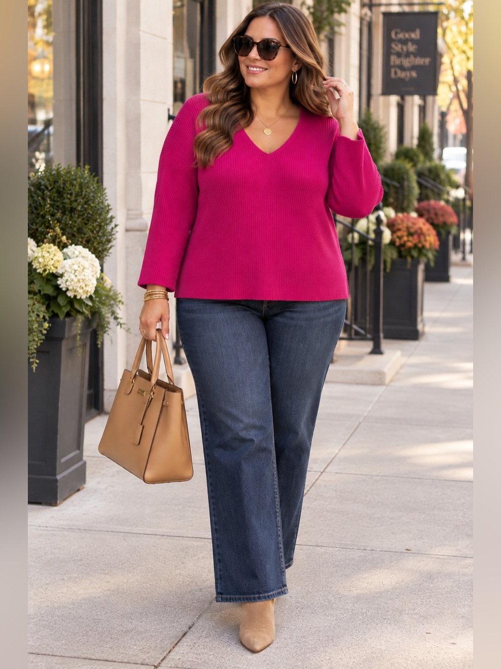 Context Modern Luxe Fuchsia Ribbed V-Neck Sweater • Size 3X • New With Tags